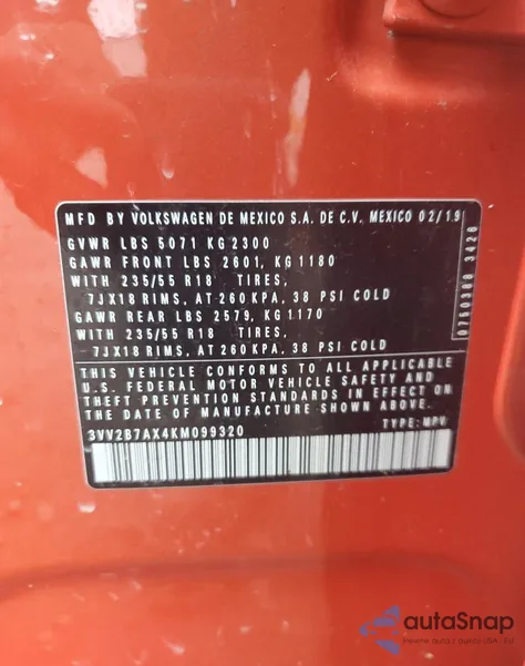 2019 Volkswagen Tiguan Se из США, поврежденный, VIN 3VV2B7AX4KM099320